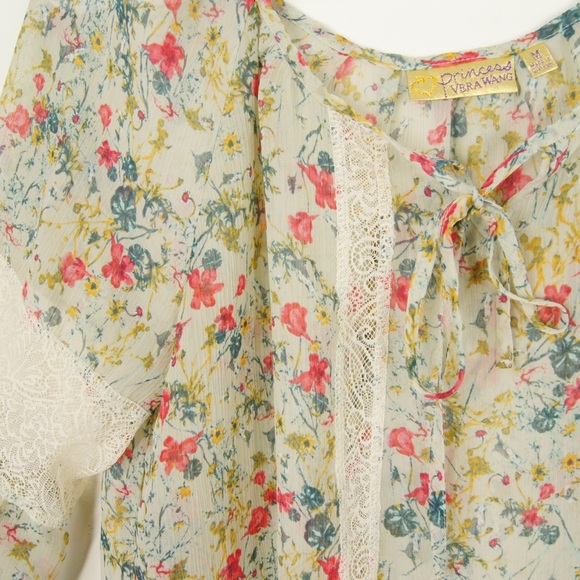Vera Wang Princess Semi Sheer Floral Long Sleeve Lace Flowy Peasant Top - Picture 3 of 5